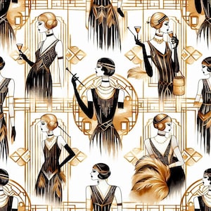 May include: A seamless pattern featuring illustrations of women in 1920s flapper dresses with gold accents and geometric patterns. The women are depicted in various poses, some holding a cigarette, a glass of champagne, or a feather boa. The background is a white and gold geometric pattern.