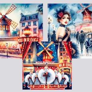 Puede incluir: Tres acuarelas que representan el Moulin Rouge en París, Francia. La primera pintura muestra el exterior del Moulin Rouge de noche con un molino de viento y las palabras "Moulin Rouge" en letras rojas. La segunda pintura muestra a una mujer con un vestido negro y un boa de plumas rojas de pie frente al Moulin Rouge. La tercera pintura muestra un escenario con bailarines con trajes blancos actuando en el escenario. Las palabras "Moulin Rouge" son visibles en el edificio en el fondo.