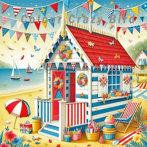 Può includere: Una scena di spiaggia colorata con una capanna sulla spiaggia stravagante con tetto rosso, pareti a righe blu e bianche e una porta rossa. La scena comprende un ombrellone a righe rosse e bianche, una sedia a sdraio e un oceano blu con barche a vela. Il testo "Colour Crazy Bird" è visibile.