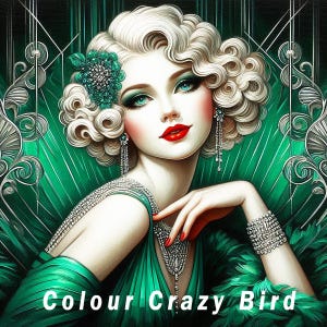 May include: Digital artwork of a woman with blonde, curly hair, wearing a green dress and jewellery. The image features the text "COLOUR CRAZY BIRD" at the bottom. The woman has red lipstick and green eyeshadow.