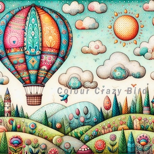 Puede incluir: Ilustración colorida de un globo aerostático con patrones intrincados, flotando sobre un paisaje caprichoso. La escena incluye colinas, flores, árboles, nubes y un sol. El texto "Colour Crazy Bird" es visible.