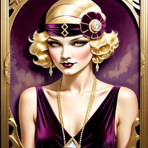 May include: A portrait of a woman with blonde hair styled in a bob. She is wearing a purple velvet dress, a gold necklace with a large diamond pendant, and a headband with a purple flower and a rhinestone.