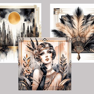 May include: Three digital art prints in a gold and black art deco style. The first print features a cityscape with a large gold moon. The second print features a woman with a feather headdress and a gold necklace. The third print features a black and gold fan with feathers.