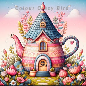 Könnte beinhalten: Eine skurrile Illustration eines teehausförmigen Hauses mit blauem Ziegeldach und rosa und gemustertem Körper. Das Haus hat eine Holztür, Fenster und ist von bunten Blumen und Blättern umgeben. Der Text "Colour Crazy Bird" ist sichtbar.