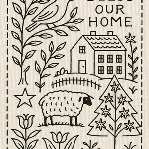 Puede incluir: Ilustración en blanco y negro sobre fondo crema. El diseño incluye un pájaro en una rama, una casa, una oveja, un árbol de Navidad y los textos "BLESS OUR HOME" y "Colour Crazy Bird".
