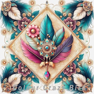 Puede incluir: Un diseño cuadrado decorativo con plumas coloridas en verde azulado, rosa y morado, dispuestas alrededor de un medallón central. El diseño incluye elementos florales y ornamentales, con el texto "Colour Crazy Bird" en la parte inferior.