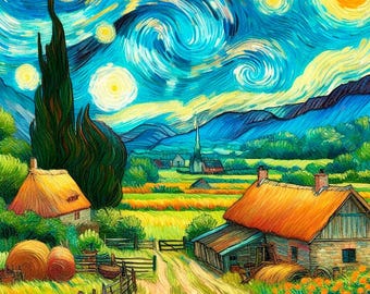 Op de afbeelding: Een schilderij van een sterrenhemel met een wervelende blauwe en gele lucht. Op de voorgrond is een klein dorp met huizen en een kerk te zien.