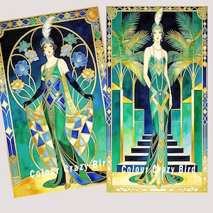May include: Two art deco style illustrations featuring women in elegant green and blue gowns. The artwork has gold accents and the text "Colour Crazy Bird". One illustration has a floral design, the other has palm leaves.