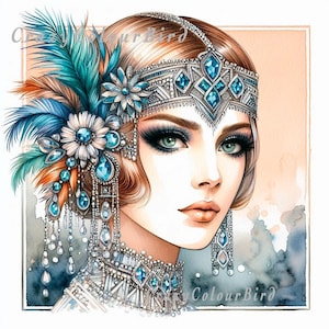 Puede incluir: Ilustración en acuarela de una mujer al estilo Art Déco. Lleva una diadema, un collar y pendientes enjoyados con piedras preciosas azules. Un tocado de plumas azules y naranjas adorna su cabello. Sus ojos son verdes y sus labios son de un rosa suave.