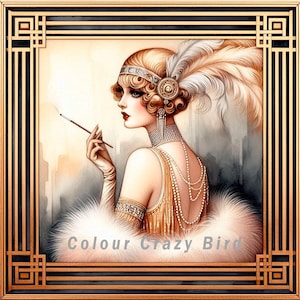 May include: A woman in a gold dress with a feather boa and a feather headband. She is holding a cigarette and looking to the side. The background is a watercolour painting of a city.