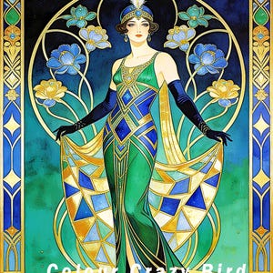 May include: Art Deco illustration of a woman in a green and blue geometric patterned dress, long black gloves, and a feathered headpiece. The background features stylized blue and gold floral elements and the text "Colour Crazy Bird".