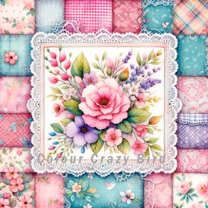 May include: A watercolor painting of a bouquet of pink, purple, and white flowers in a white lace frame. The flowers are arranged on a patchwork background of pink, blue, and white fabric.