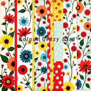 May include: A digital paper pack featuring 10 different floral designs. The patterns include red, yellow, blue and white flowers on a white background. These patterns are ideal for scrapbooking, card making and other craft projects.