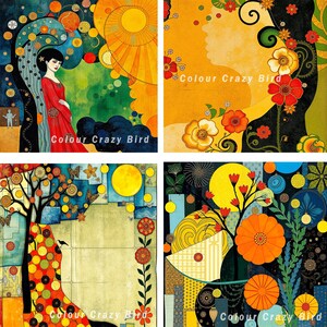 May include: Four colourful abstract paintings in a whimsical style. Each painting features a different scene with bright colours, geometric shapes, and floral elements. The text "Colour Crazy Bird" appears in the bottom right corner of each painting.