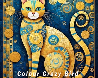Klimt Style Cats Art Print: AI Generated, Blues & Golds (Digital Download 10x10 JPEG)