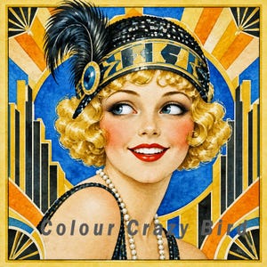 May include: A portrait of a person with blonde curly hair wearing a black sequined headband with a large black feather and a blue jewel. The person wears a pearl necklace against a background of blue, orange, and black geometric shapes.