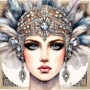 May include: A watercolour portrait of a woman with blue eyes, wearing a jewelled headdress and earrings. The headdress features large, clear gemstones and detailed metalwork. Soft, feathery plumes frame the face. The image has a vintage, art deco style.