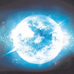 May include: A bright blue and white star explodes in a burst of energy against a dark, starry background.