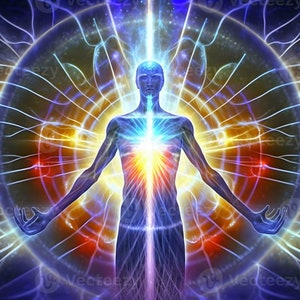 May include: A digital art illustration of a human figure with a bright light emanating from the heart chakra. The figure is surrounded by a swirling, colorful energy field.