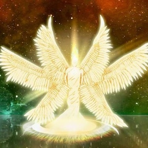 May include: A golden angel with large, feathery wings stands in a bright light against a starry background. The angel is surrounded by a glowing halo.