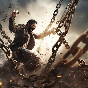 May include: An image depicts a man breaking free from chains. The man, dressed in dark clothing, is mid-action, with a strained expression and raised arms. Heavy chains are breaking apart, with debris and dust in the air, set against a dramatic sky.