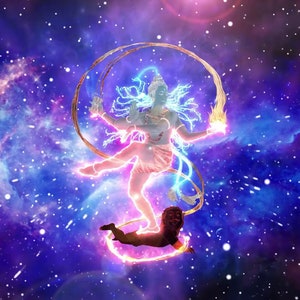 May include: A digital art illustration of a Hindu deity dancing in a cosmic space with a swirling galaxy background. The deity is depicted in a vibrant blue and white colour scheme, with glowing energy emanating from their body. The background is a swirling galaxy of purple, blue, and white.