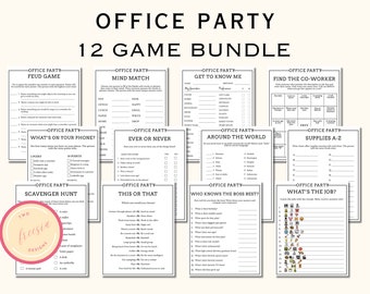 May include: A bundle of 12 office party games, including Feud, Mind Match, and Get to Know Me. The games are printed on white paper with black text and are designed for fun team-building activities.
