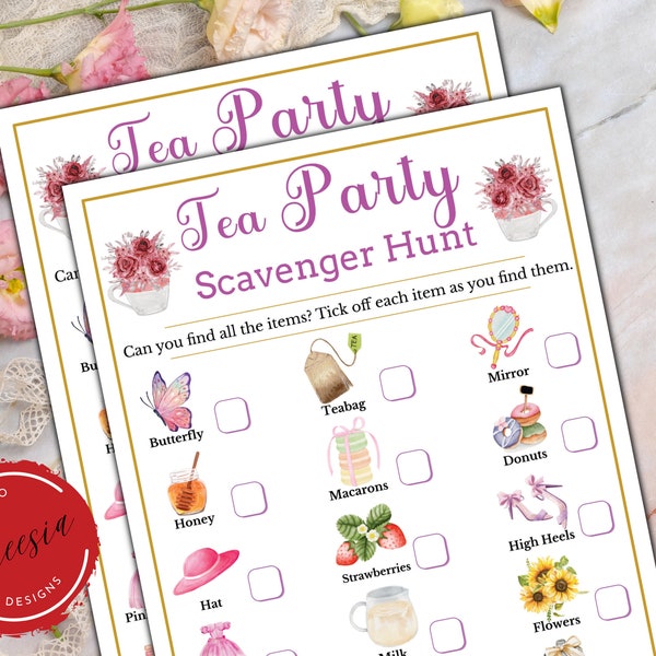 Tea Party Scavenger Hunt - Printable Tea Party Treasure Hunt for Kids Birthday, Classroom Activity, Brunch, Baby Shower - Tea Party Themed