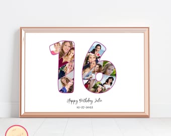 Editable Custom 16th Birthday Gift - Photo Collage - 16th anniversary - Sixteenth Birthday - Personalized, Custom Picture Board - GH67