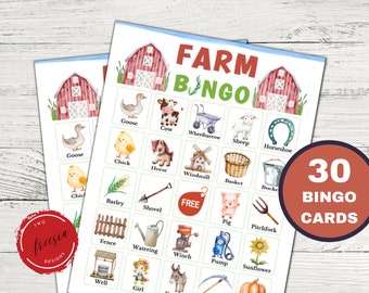 Printable Farm Bingo Game - Barnyard Birthday Party - 30 Bingo Cards - Classroom Activity - Farm Theme Party - Instant Download