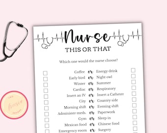 Nurse This or That Game - Printable Nurse Graduation Game - Nurse Graduation Party - Nurse Retirement Party - Digital Download - NU04