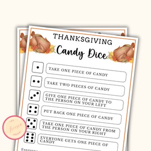 Thanksgiving Candy Dice Game - Printable Thanksgiving Party Game for Kids & Adults - Family Game - Work Party, Family, Classroom Game - PL04