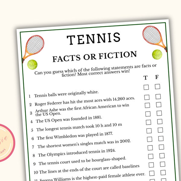 Tennis Facts or Fiction Game - Tennis-Themed Party - Printable Tennis Party Game for Tournament, Retirement & Birthday Parties - PT98