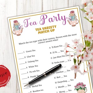 Tea Party Game - Tea Variety Matchup - Jeux de Tea Party imprimables pour dames Tea Party, Mesdames de l&#39;église, Anniversaires, Douche nuptiale, Garden Party