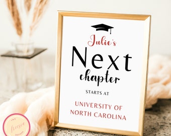 May include: A framed sign with gold trim features the text "Julie's Next chapter starts at University of North Carolina." The sign includes a graduation cap graphic. The sign is on a light-colored surface.