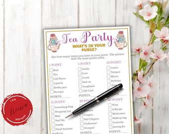 Whats in your Purse Game - Printable Tea Party Games for Birthdays, Bridal Shower, Afternoon Tea , Ladies Garden Tea Party, Church Tea Party
