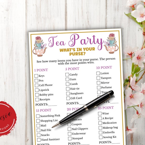 Whats in your Purse Game - Printable Tea Party Games for Birthdays, Bridal Shower, Afternoon Tea , Ladies Garden Tea Party, Church Tea Party