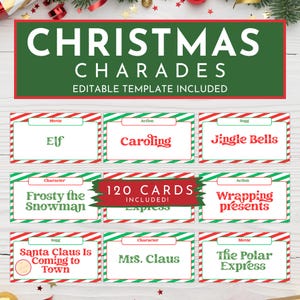 Könnte beinhalten: Eine Vorlage für ein Weihnachts-Charades-Spiel mit grünem und rotem Design. Der Titel "CHRISTMAS CHARADES" ist oben zu sehen. Das Bild zeigt Karten mit Aufforderungen wie "Elf", "Caroling" und "Jingle Bells". Der Text "120 KARTEN ENTHALTEN!" ist ebenfalls sichtbar.
