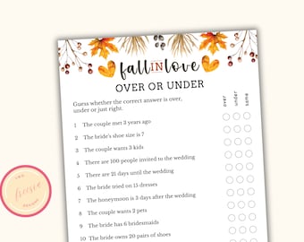 Over or Under Bridal Shower Game - Fall Bridal Shower Party Game - Printable Fall Bridal Party Games - Bachelorette Party Games - KW04