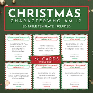 Könnte beinhalten: Ein Weihnachtsspiel mit dem Text "Christmas Character Who Am I?" und "Editable Template Included." Das Spiel enthält 36 Karten mit Hinweisen auf Weihnachtsfiguren. Die Karten haben einen rot-grünen Rand.