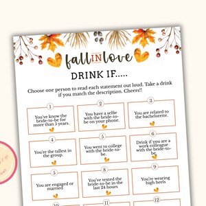 以下が含まれることがあります： 秋のテーマの印刷可能なブライダルシャワーゲーム。ゲームの名前は「Fall in Love」で、カードの説明に合致したら、飲み物を飲むように指示します。カードは1から12までの番号でグリッド状に配置されています。