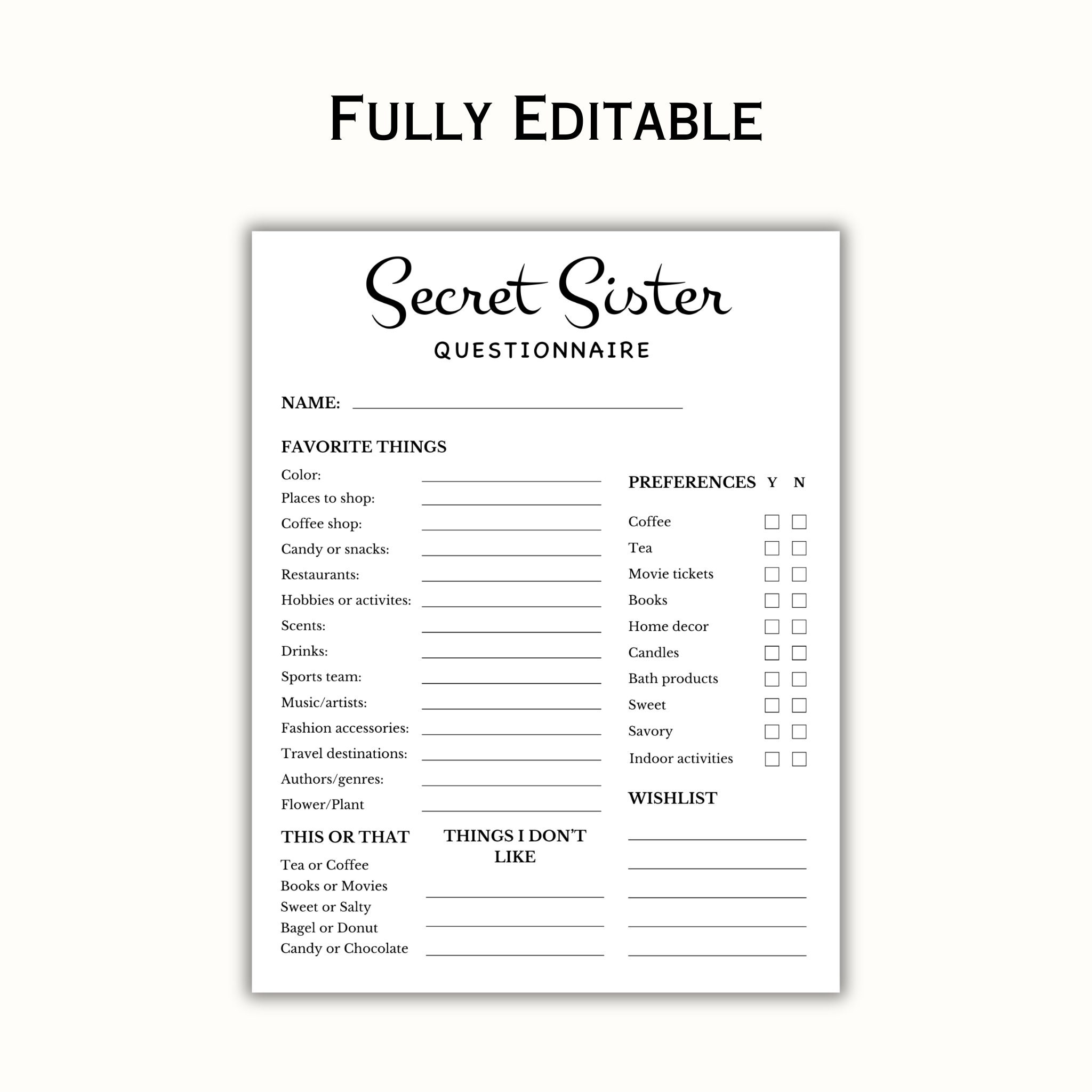 Secret Sister Questionnaire Editable Template All About Me Survey Work ...