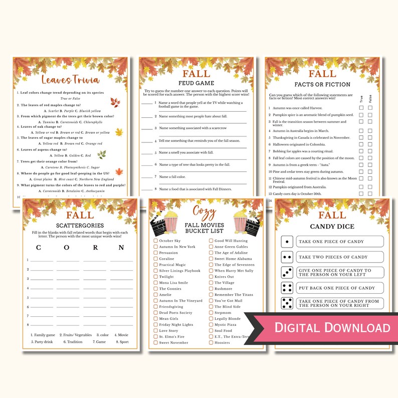 12 Printable Autumn Game Bundle - Fun Fall Time Activities for Adults ...