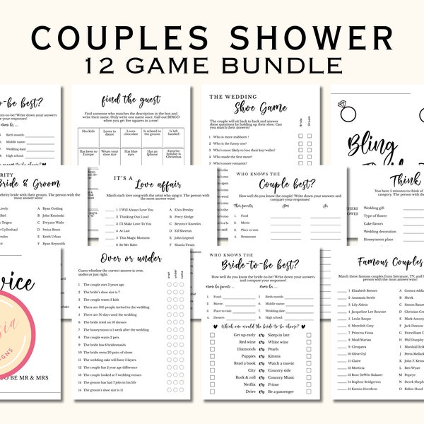 Couples Shower Game Bundle - 12 Printable Couples Bridal Party Games - Joint Bridal Shower Games - Co ed Bridal Party Games - KW04