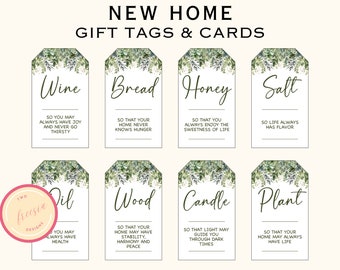 Traditional Housewarming Gift Basket Tags - Printable Greenery New Home Tags and Cards - New Home Owners Gift - Welcome Home Gift - PL90