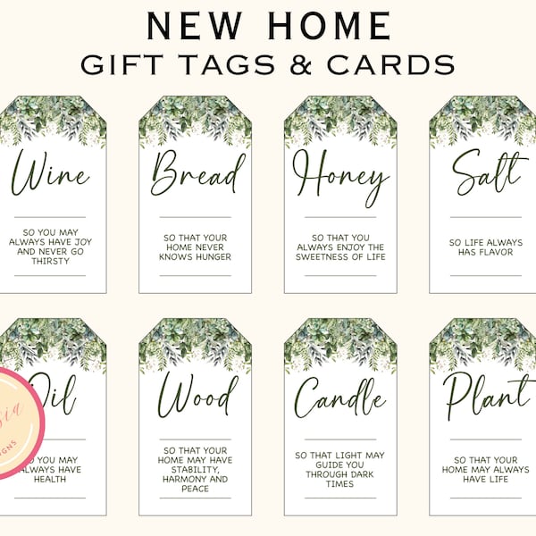 Traditional Housewarming Gift Basket Tags - Printable Greenery New Home Tags and Cards - New Home Owners Gift - Welcome Home Gift - PL90