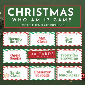 Könnte beinhalten: Ein weihnachtliches "Wer bin ich?" Spiel mit einer editierbaren Vorlage. Das Spiel enthält 48 Karten mit Figuren wie Hermey der Elf, Mrs. Claus und Frosty the Snowman. Die Karten haben einen rot-grün gestreiften Rand.