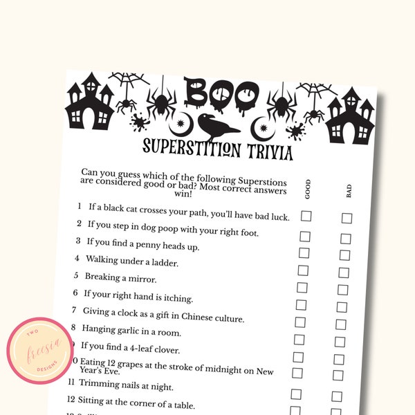 Halloween Superstition Trivia Game - Printable Halloween Party Game for Teens and Adults - Icebreaker Activity & Spooky Party Game - KL098