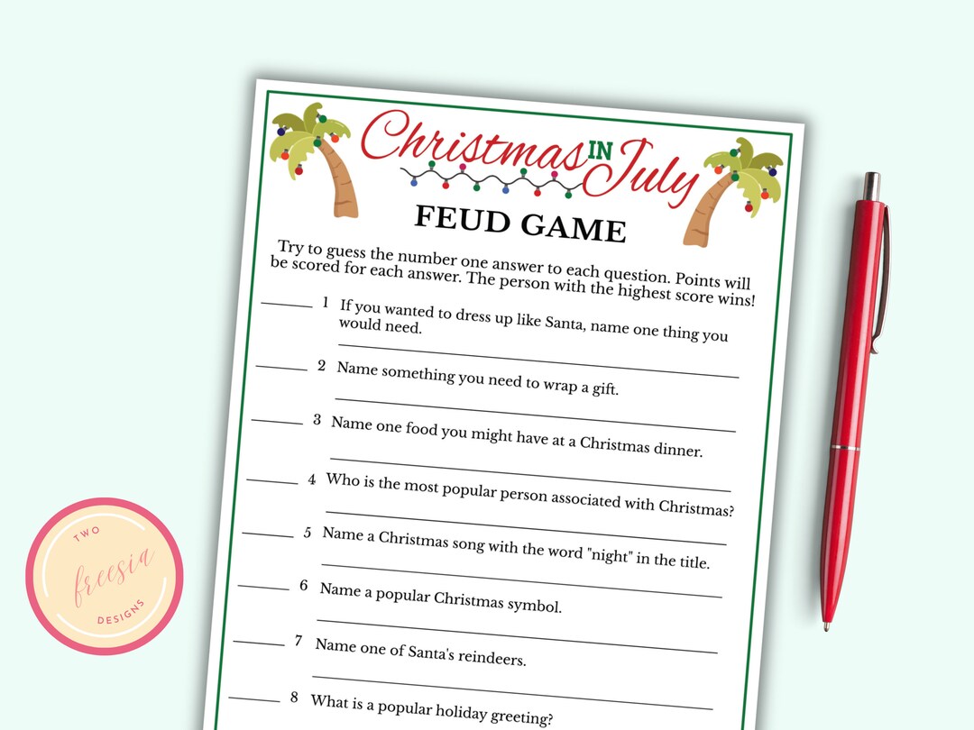 Christmas in July Feud Game Printable Christmas in July Game for Kids