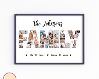 May include: A white photo collage print with the text "the Johnsons FAMILY" in black. The letters are made up of smaller photos. Below the letters are the names "lilly", "james", "tammy", and "emma" with a heart symbol next to each name.